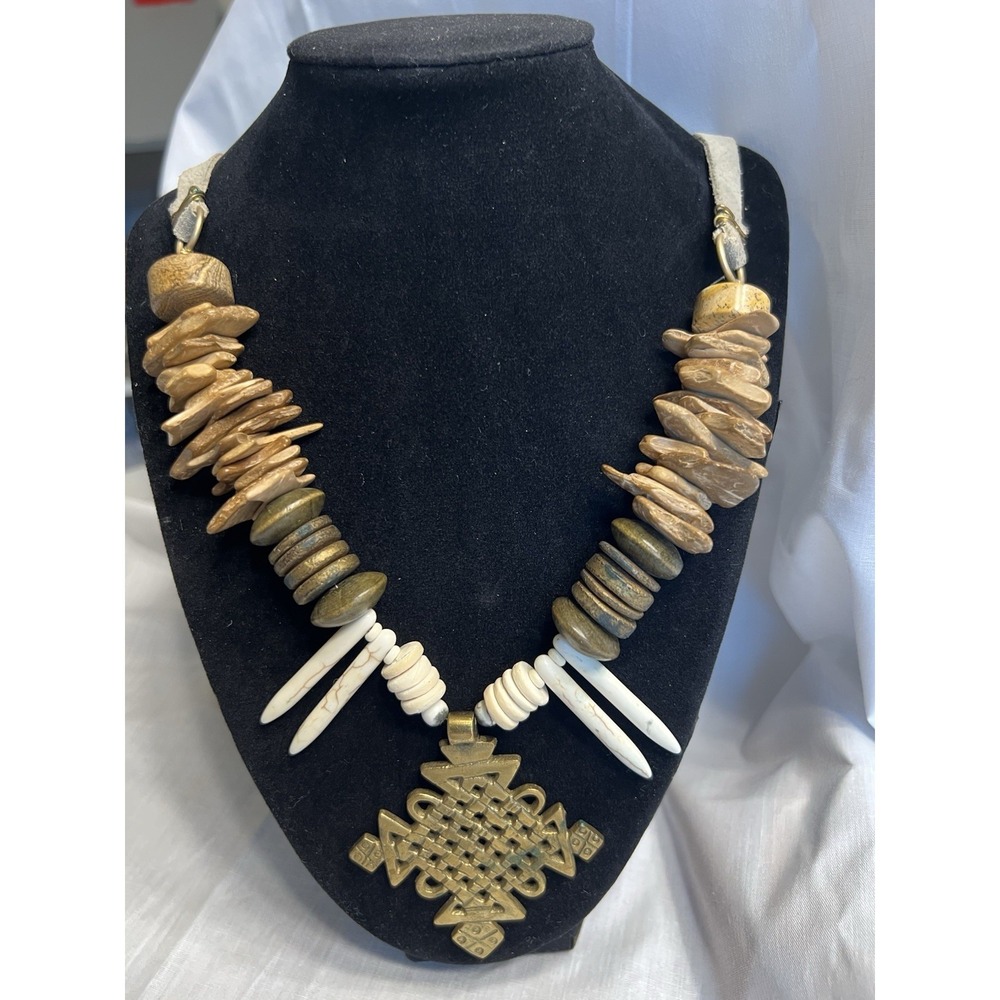 Tribal Ethnic Statement Necklace Brass Bone Amulet Cross Pendant Handmade